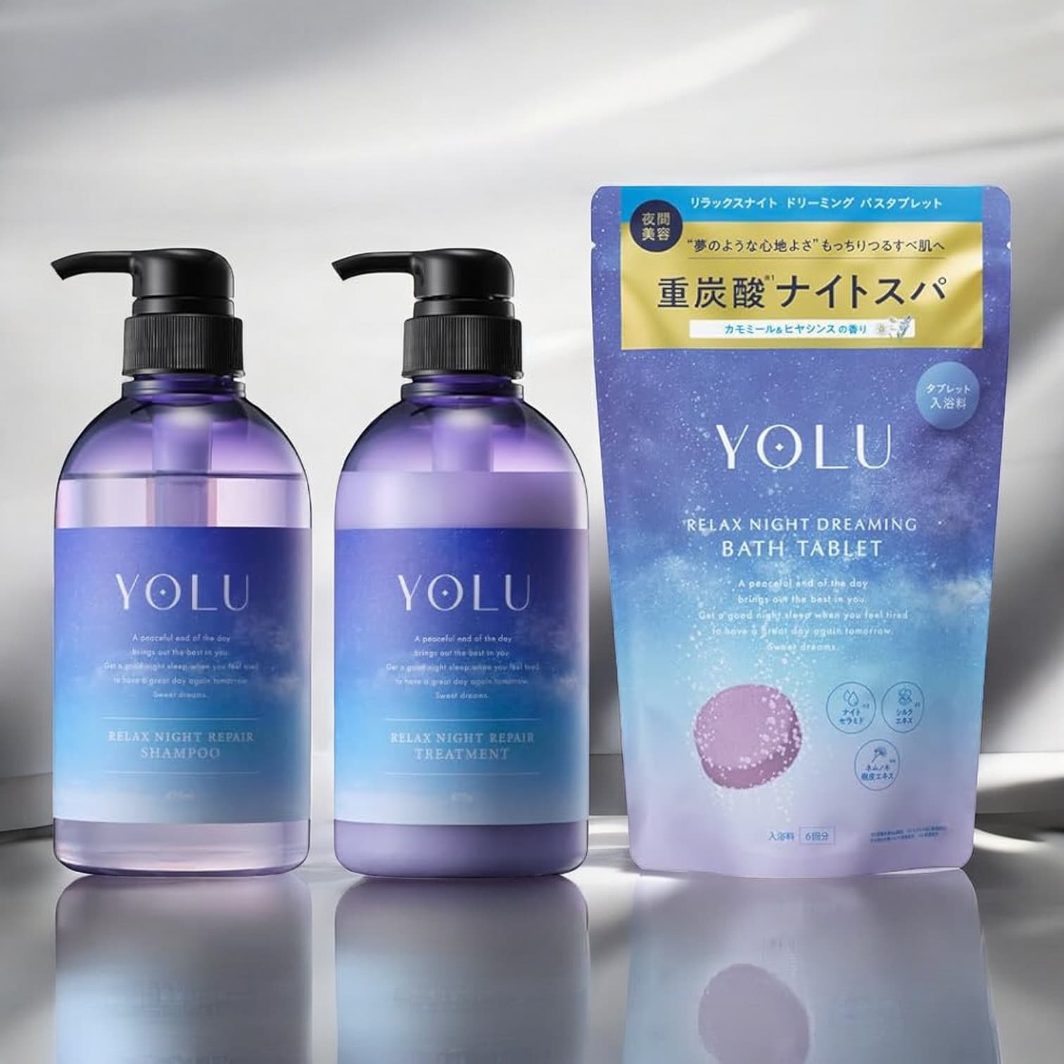YOLU Relax Night Repair Set of 3 [Shampoo/Treatment/Bath Tablets]