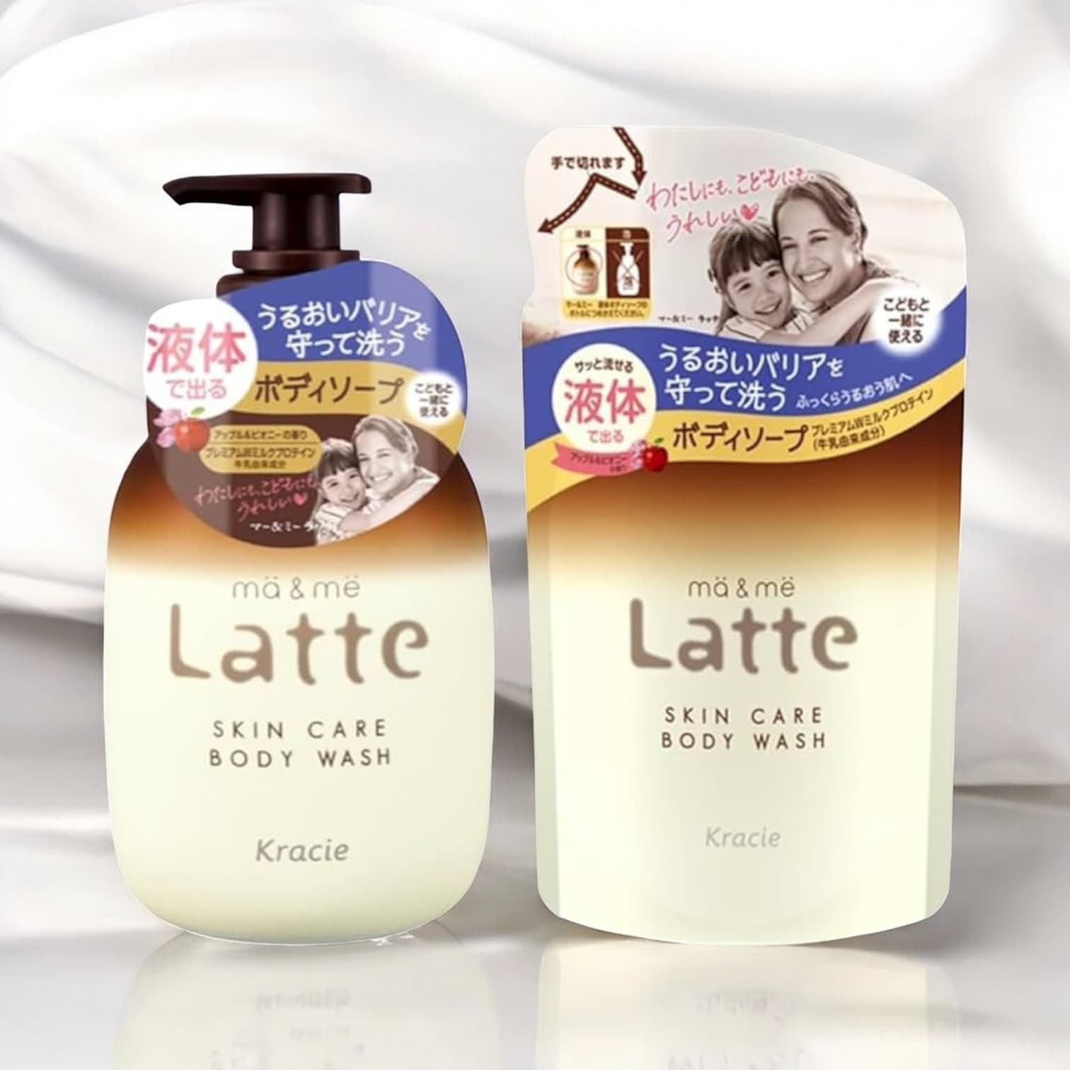 Ma & Me Latte Body Wash 490ml + Refill 360ml, For Parants and Children, Apple and Peony Scent 