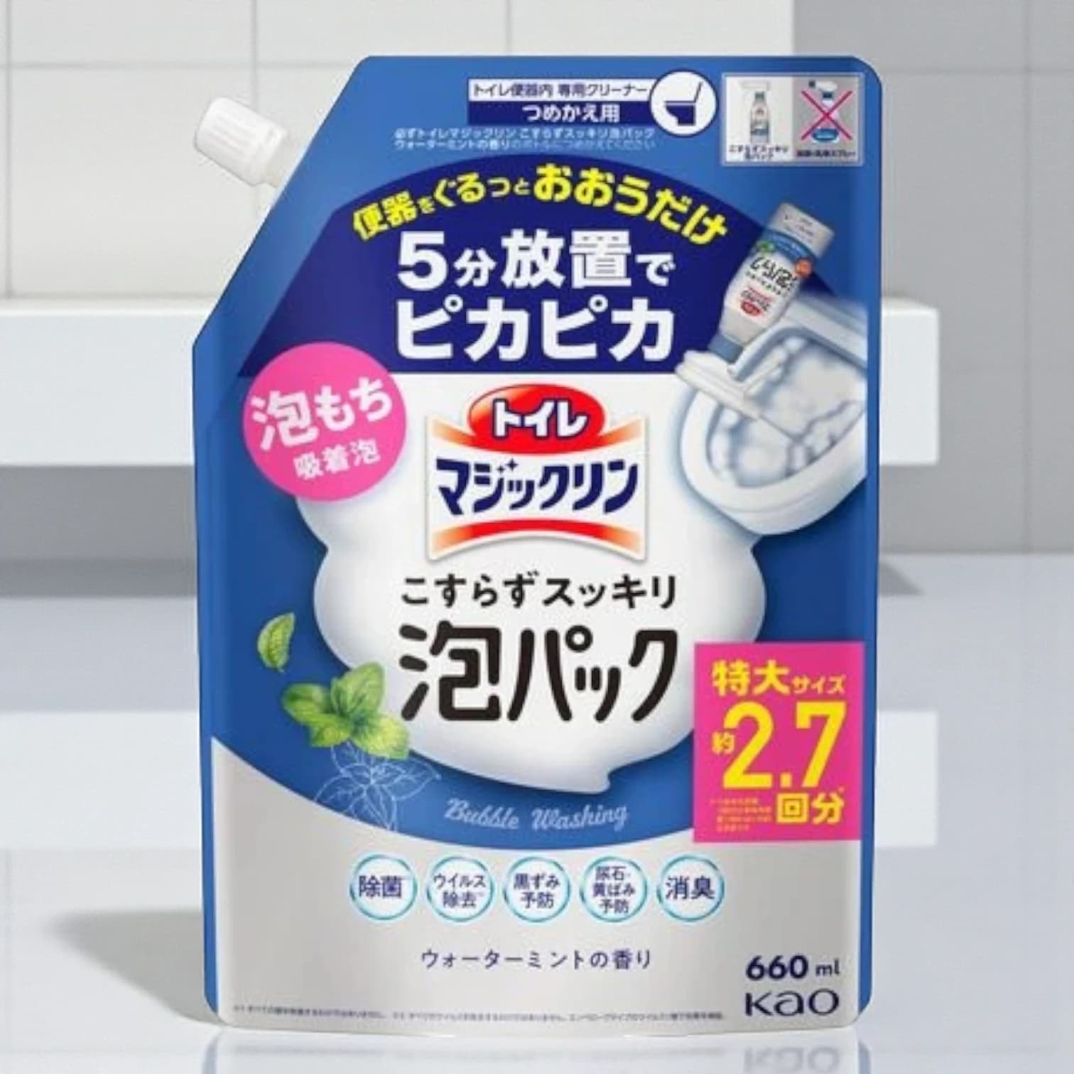 Kao Toilet Magic Clean, Refill Mint Scent (660ml), Leave it for 5-minute and shine