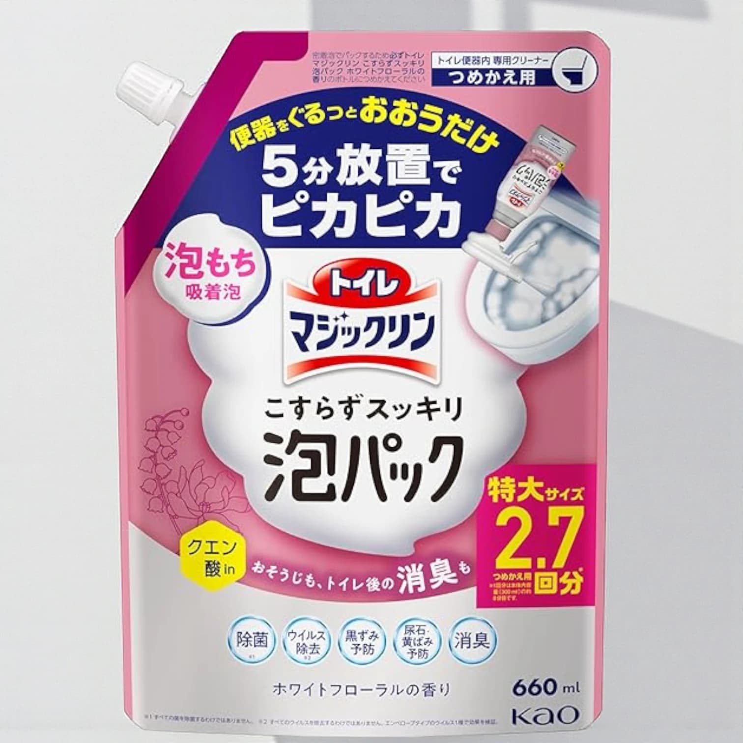 Kao Toilet Magic Clean, Refill White Floral Scent (660ml), Leave it for 5-minute and shine