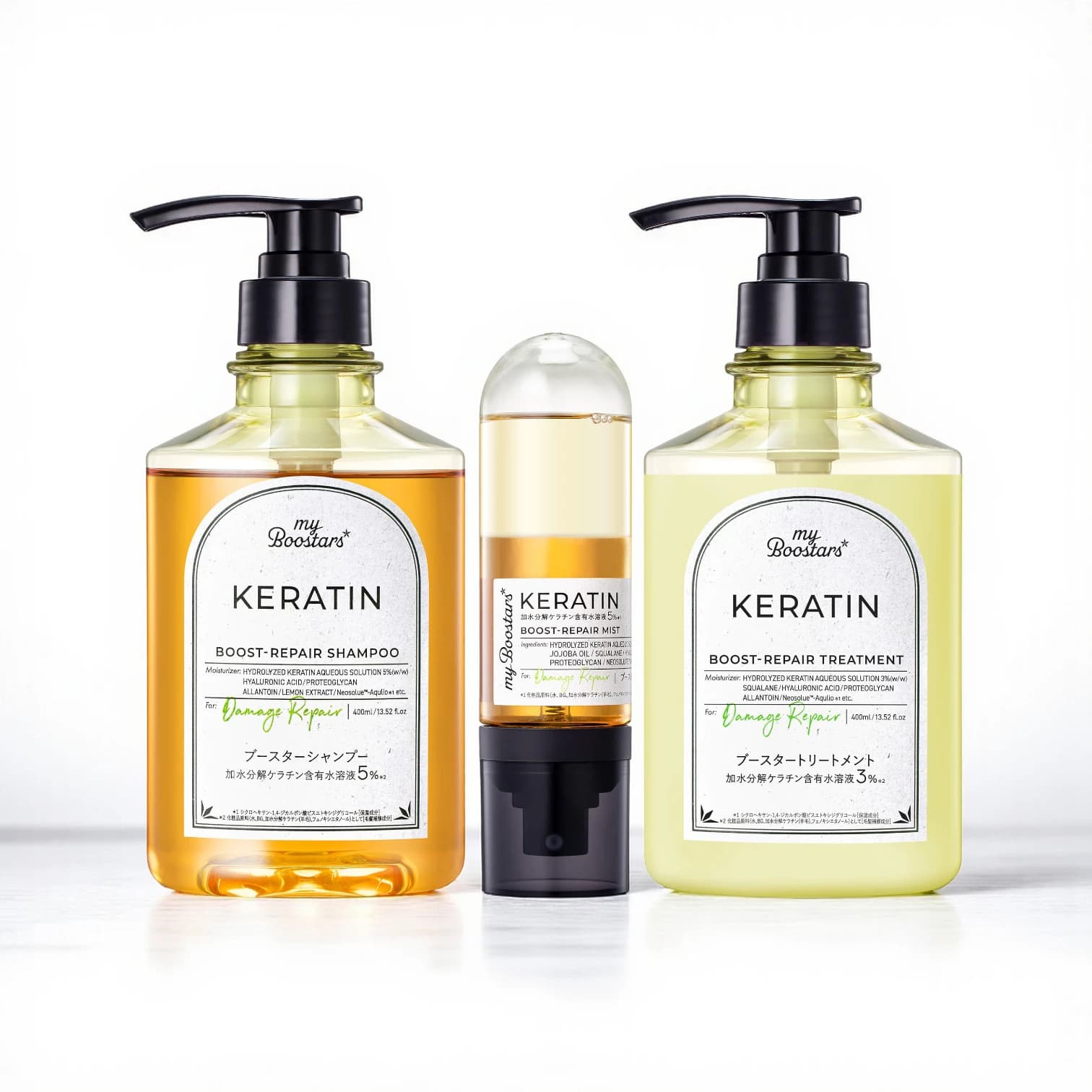 My Boostars Keratin Shampoo & Treatment & Booster Mist 3-Piece Set, 400ml x2 + 90ml, Damage Repair