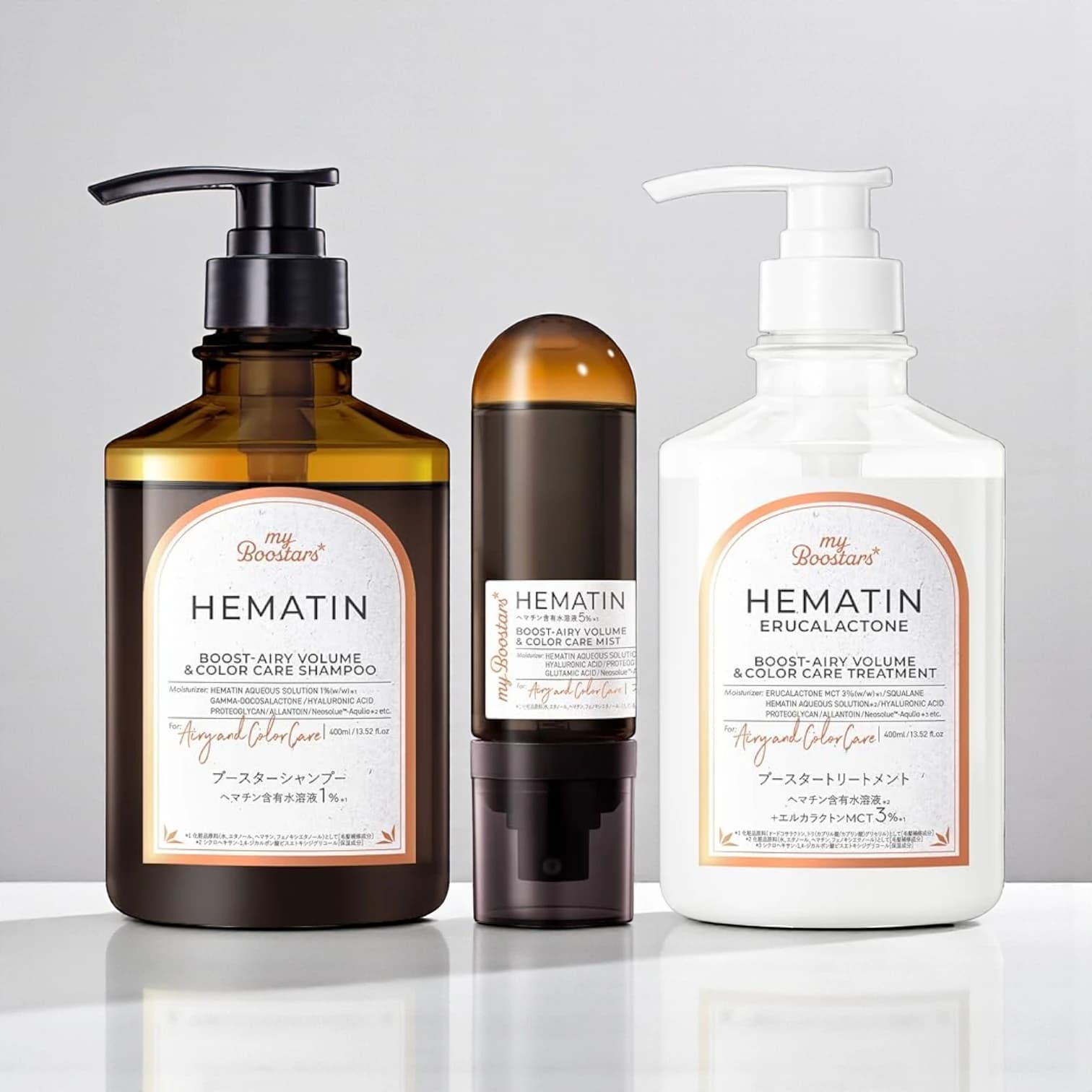 My Boostars Hematin Shampoo & Treatment & Booster Mist 3-Piece Set, 400ml x2 + 90ml, Airy Volume & Color Care