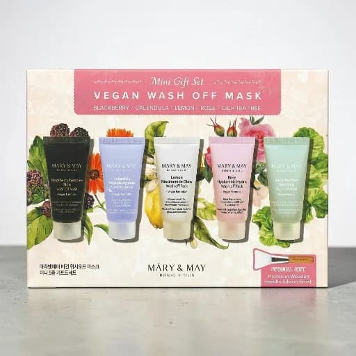 Mary & May Mini Gift Set Vegan Wash Off Mask 5pcs + Premium WoodenHandle Silicon Brush