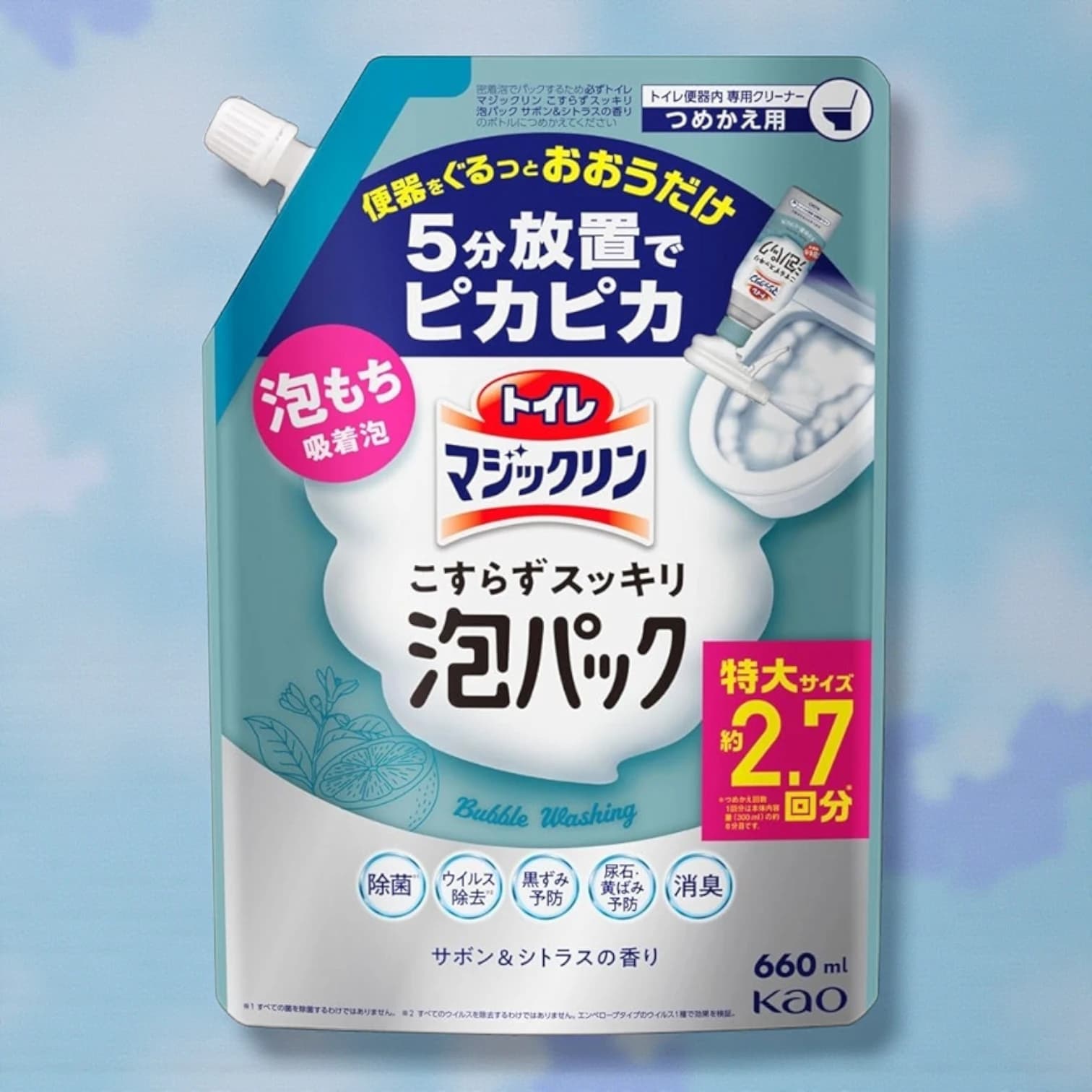 Kao Toilet Magic Clean, Refill Citrus Scent (660ml), Leave it for 5-minute and shine