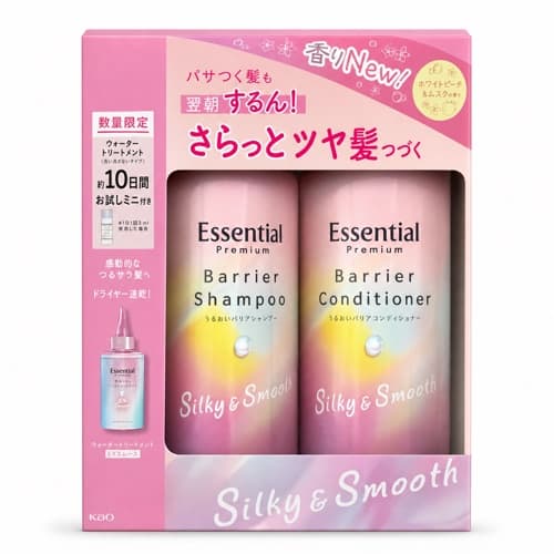 Kao Essential Premium Barrier Silky and Smooth Shampoo and Conditioner Set with Water Treatment Mini, 450 mL + 450 mL + 30 mL