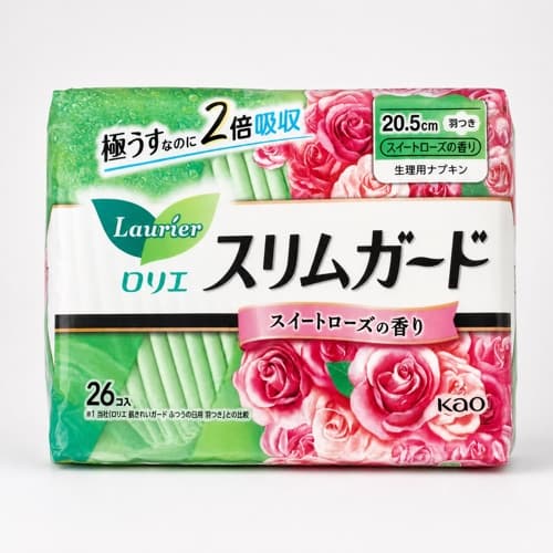 Kao Laurier Slim Guard Day Pads with Wings, Sweet Rose Scent, 20.5 cm, 26 Count