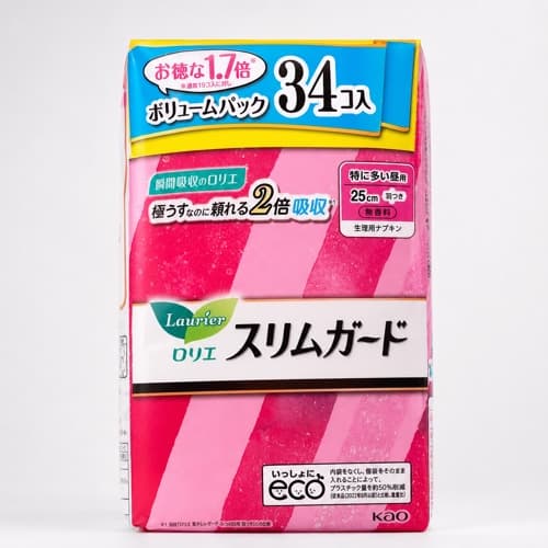 Kao Laurier Slim Guard Extra Heavy Day Pads with Wings 25cm, 34 Pad Value Pack