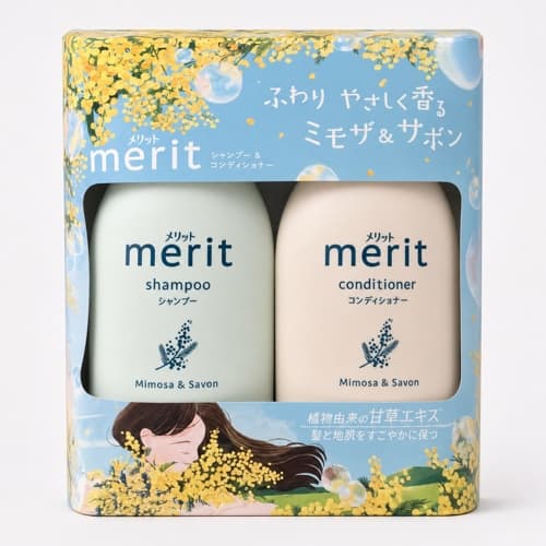 Kao Merit Shampoo and Conditioner Set, Mimosa and Savon, 450 mL + 450 mL